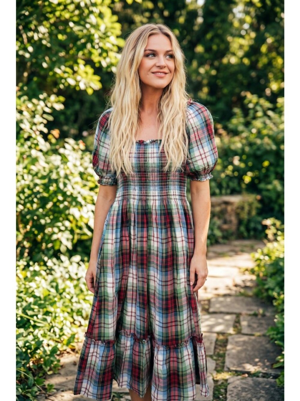 Hill House Home Nap Dress L Multi Tartan Plaid Smocked Puff Sleeve Midi Ruffle